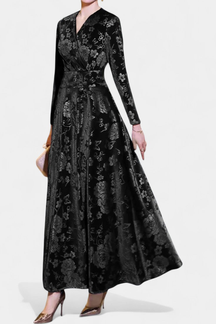 Ombeline Robe Longue en Velours à Col V et Motif Floral Texturé