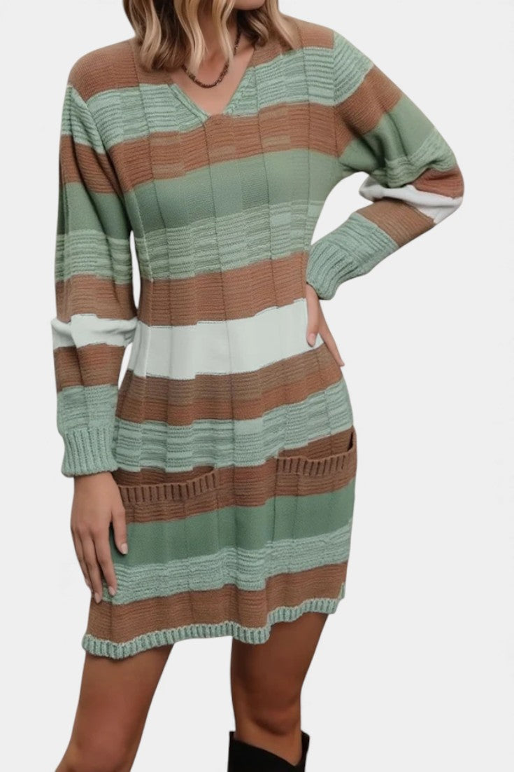 Lilas Robe Pull Tricotée à Rayures Colorées et Poches