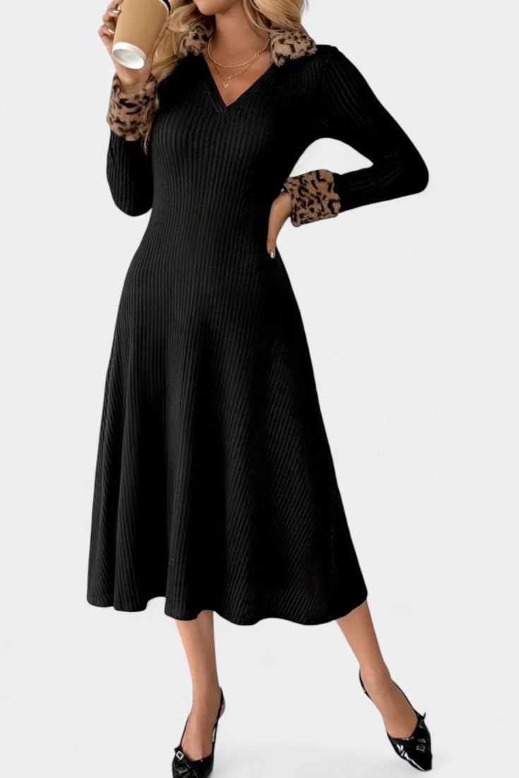 Héloïse Robe Midi Texturée Patchwork Léopard à Manches Longues