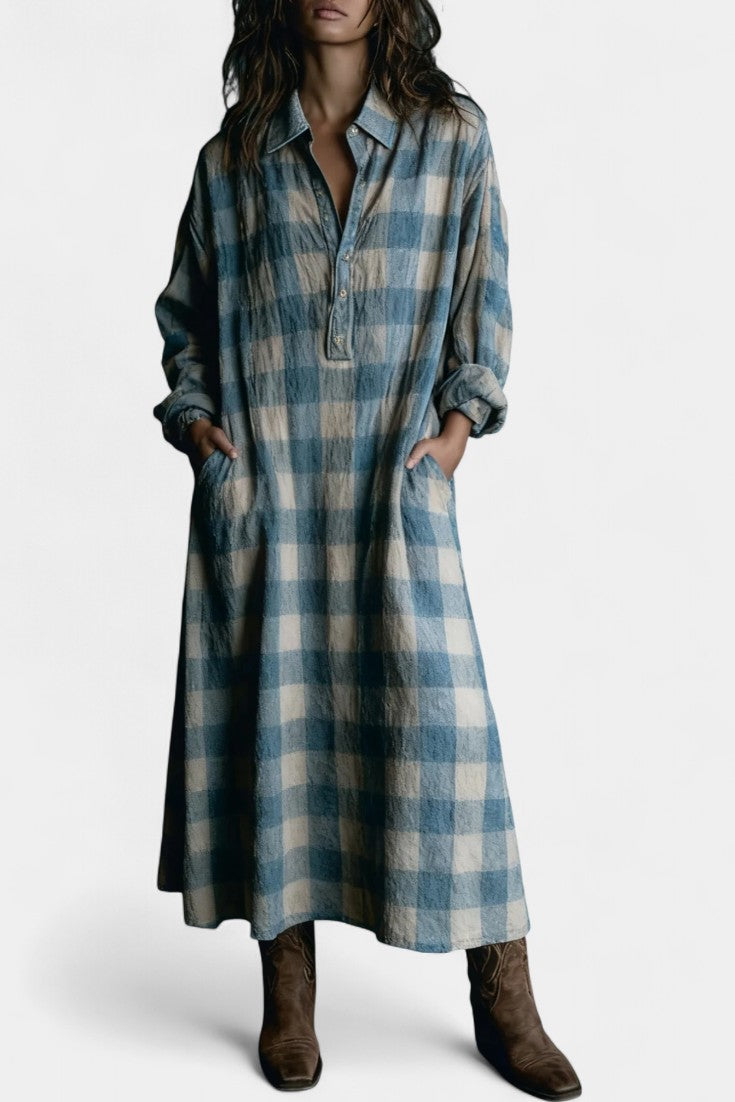 Pacifia Robe Maxi à Carreaux Bleus et Blancs avec Col Chemise