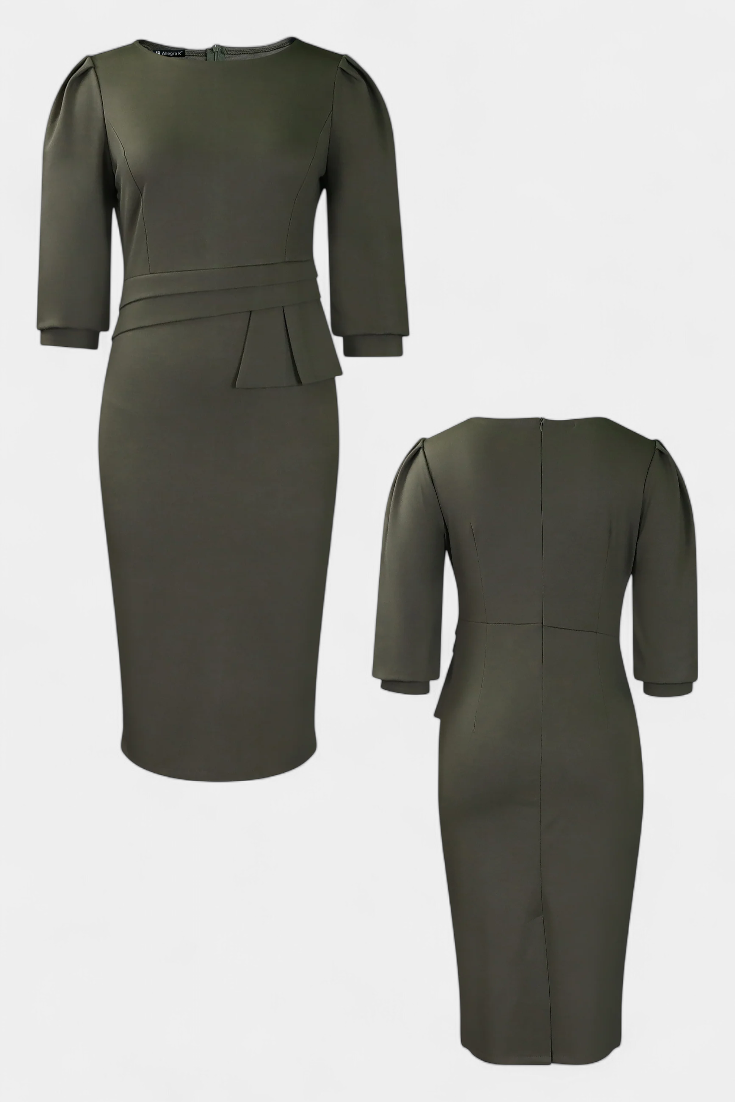 Reanna Robe Midi Ajustée à Manches Bouffantes