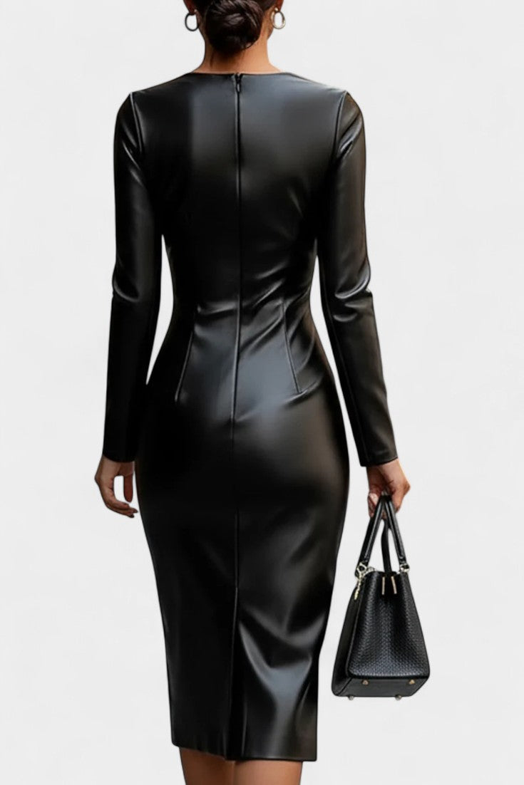 Héline Robe Bodycon en Simili Cuir Noir à Décolleté Plongeant