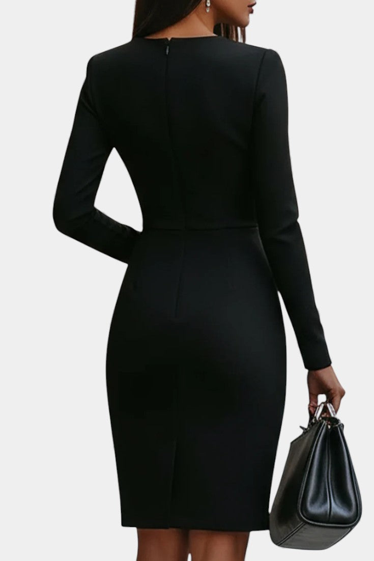 Athelina Robe Midi Noire Style Portefeuille Intemporelle