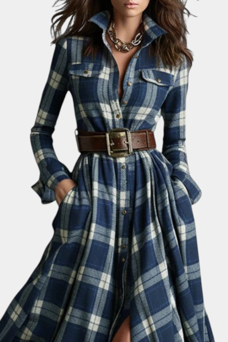 Eustelle Robe Maxi à Carreaux Bleu avec Col