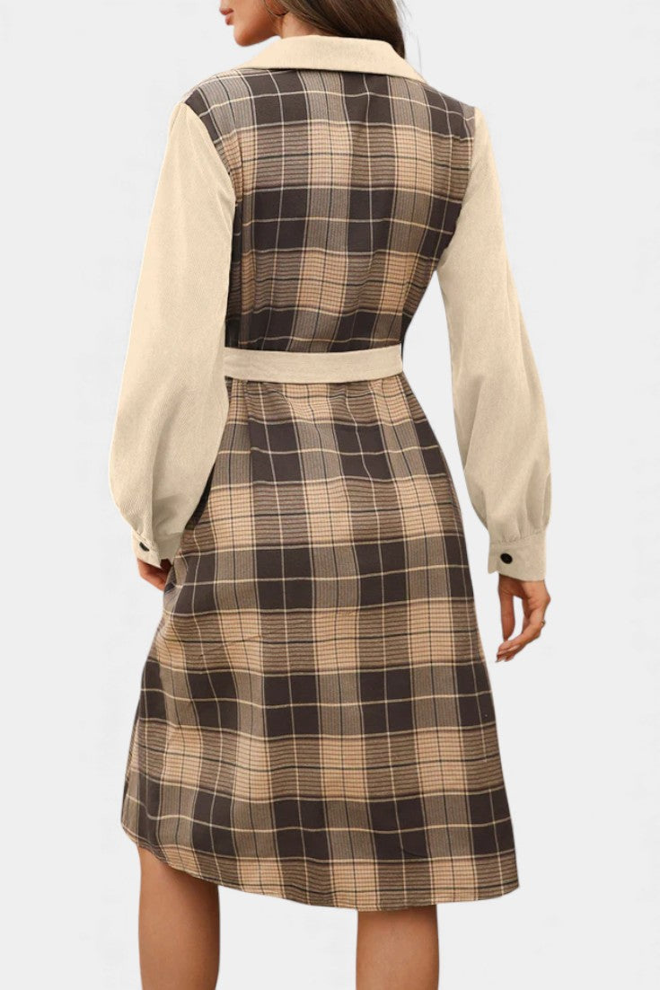 Naïla Robe Chemise Mi-Longue à Carreaux Patchwork Ceinturée