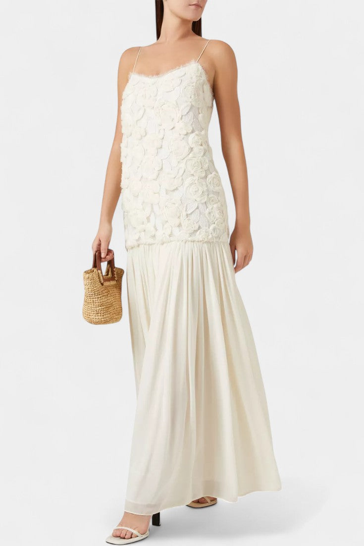 Palmita Robe Longue à Bodice Floral en Relief et Jupe en Mousseline