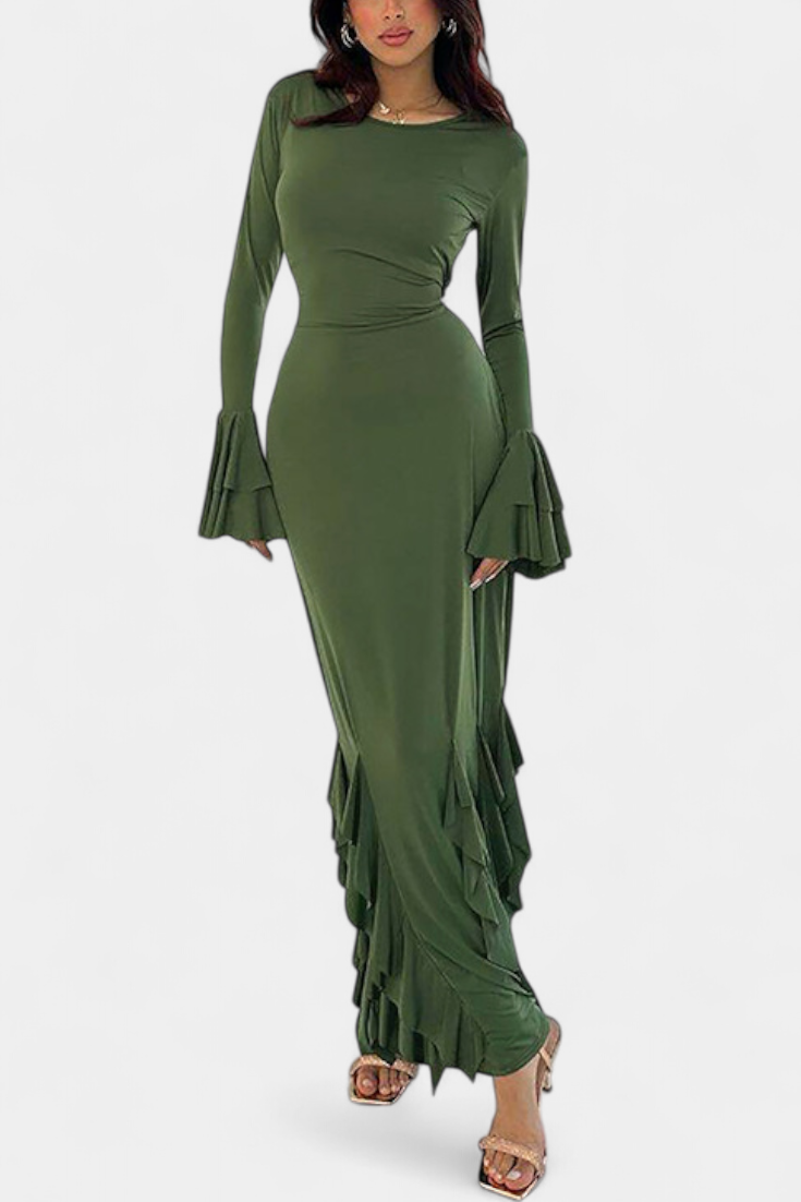 Calissa Robe Longue Ajustée à Manches Évasées et Volants en Cascade