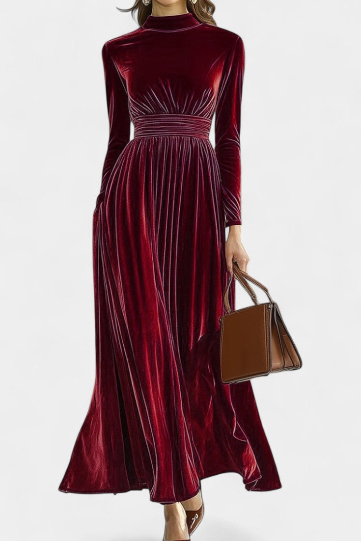 Doryane Robe Maxi en Velours à Col Montant et Manches Longues