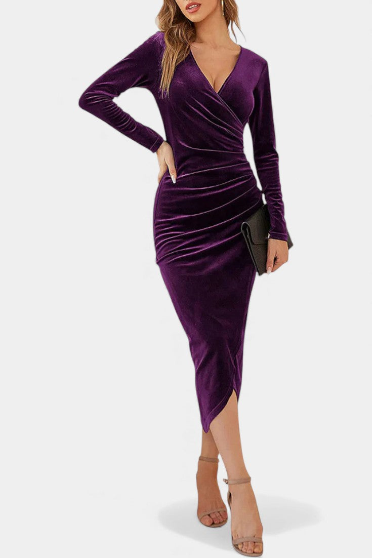 Kenza Robe Midi Cocktail en Velours Froncé