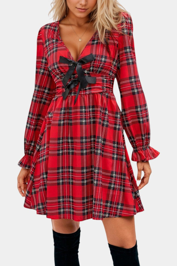 Suzel Robe Mini Évasée à Nœud Plaid et Décolleté V Festif