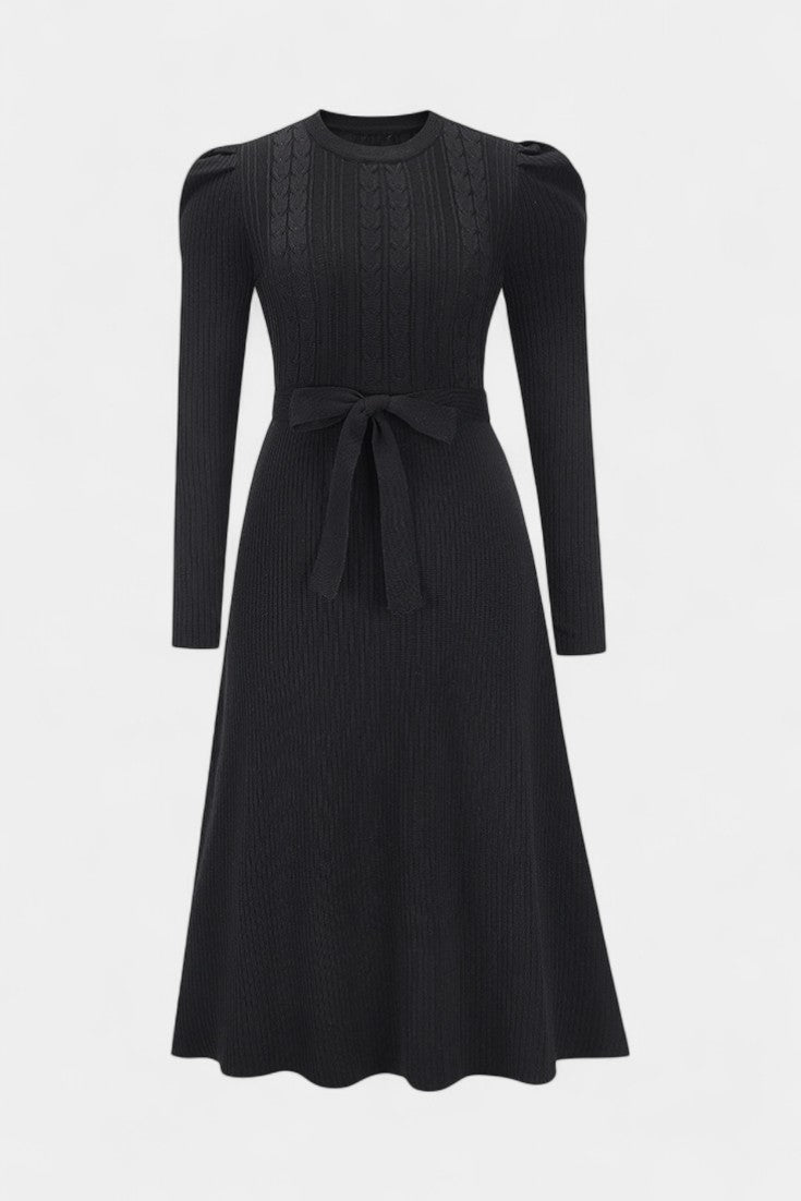 Évoria Robe Pull Midi Tricotée à Manches Bouffantes et Détail Lacé