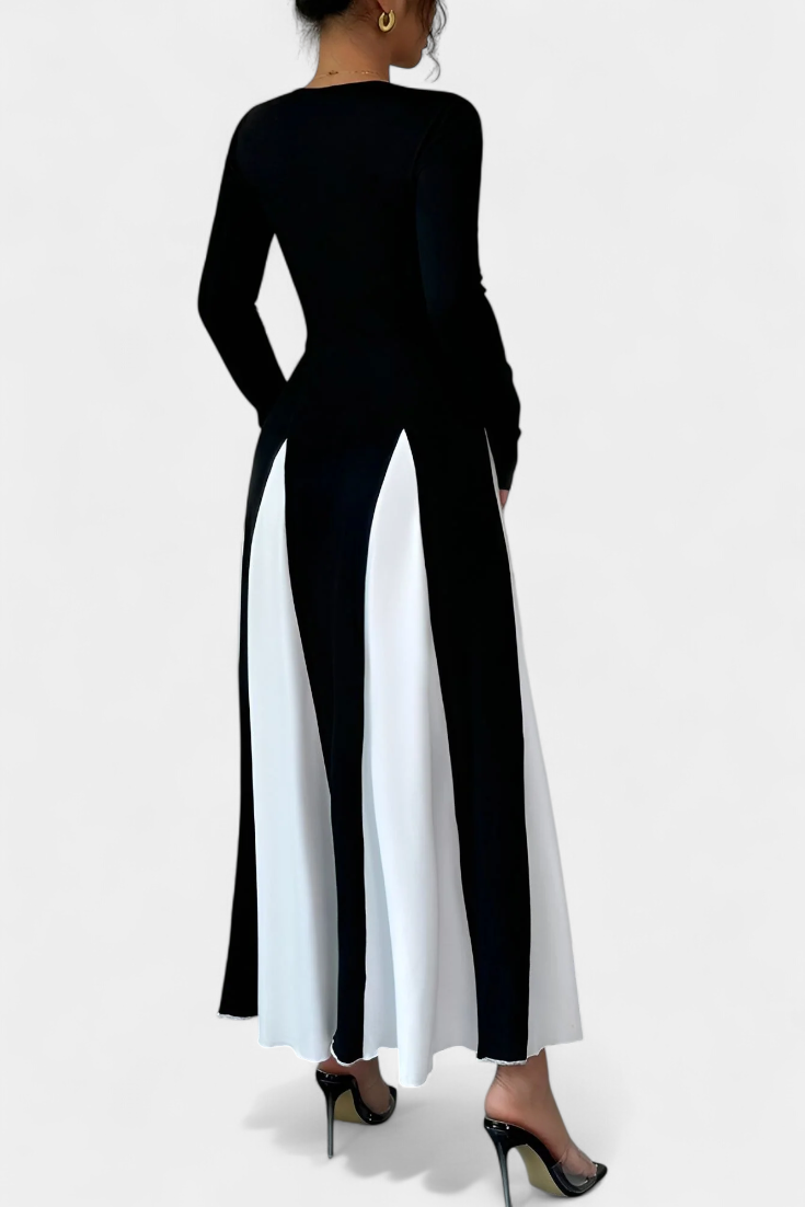 Veronique Robe Maxi Bicolore à Col Rond et Manches Longues