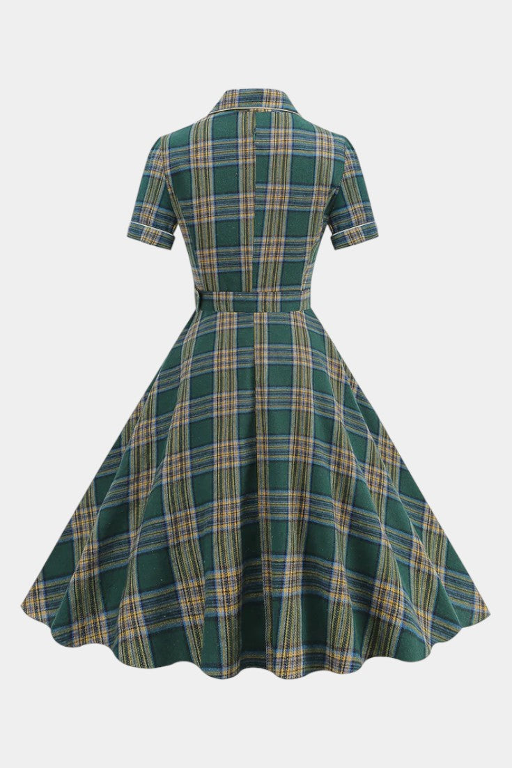 Lylas Robe Midi Vintage à Carreaux avec Revers Tailleur, Poches et Ceinture