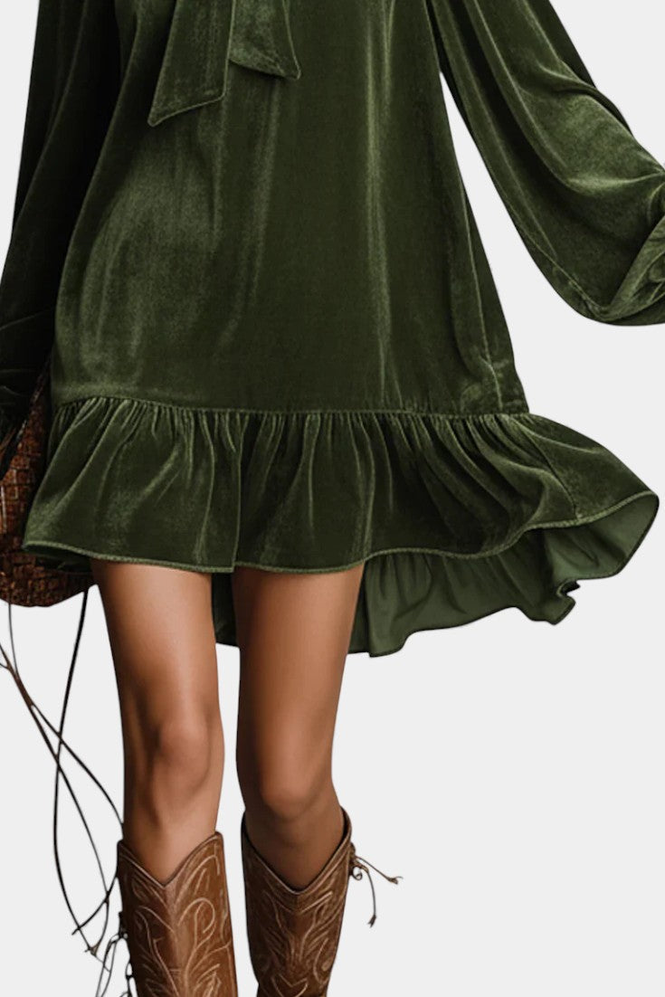 Albertine Robe Mini en Velours Ample avec Col Nœud Papillon