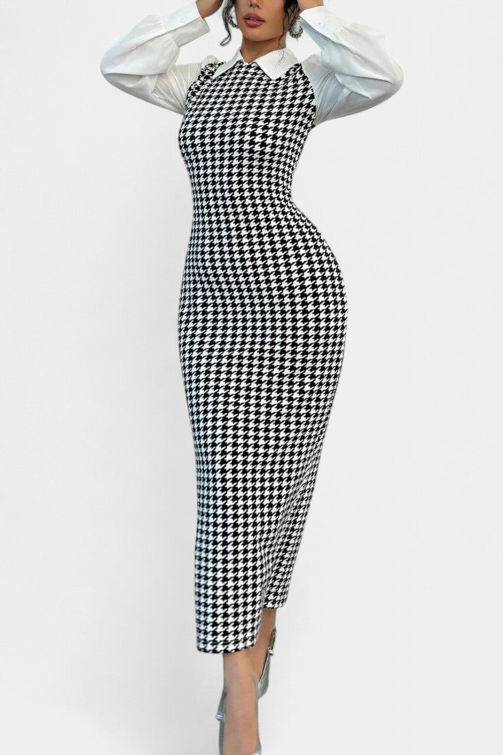 Claire Robe Maxi Patchwork à Imprimé Pied-de-Poule et Manches Bouffantes