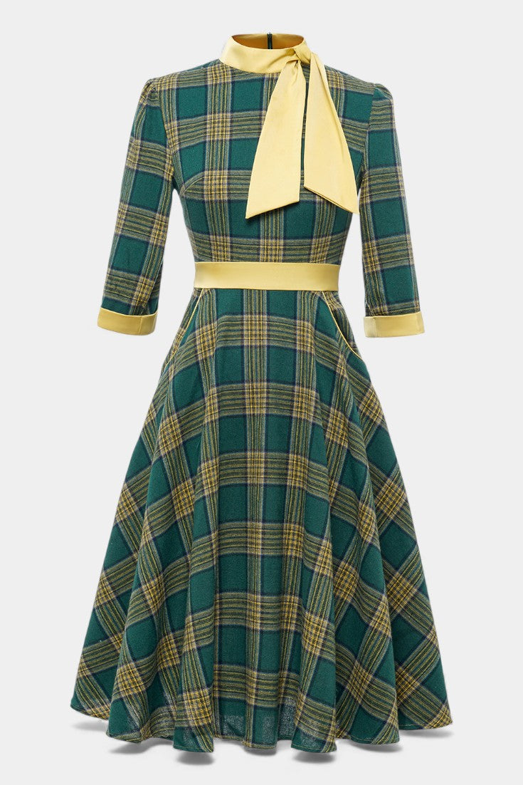 Suzette Robe A-Line à Carreaux avec Nœud Lavallière et Manches 3/4