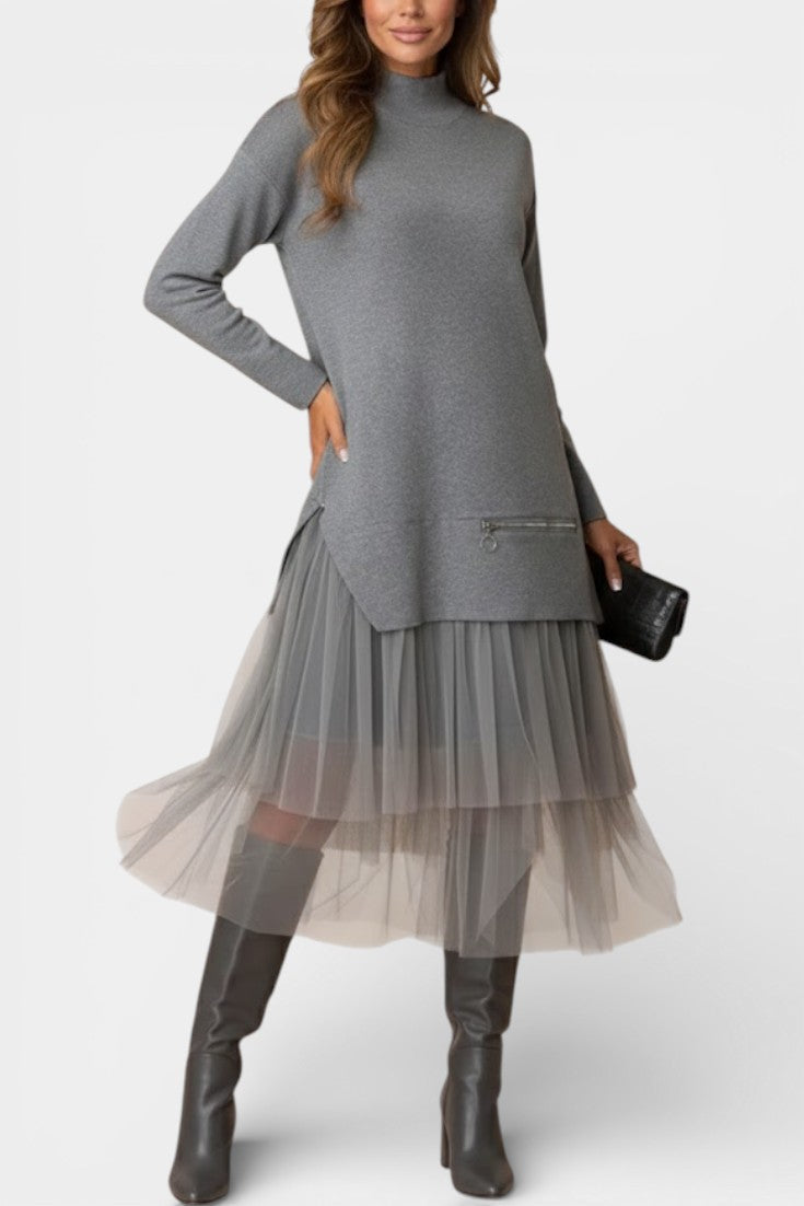 Fiorenza Robe Tricot et Tulle à Col Montant