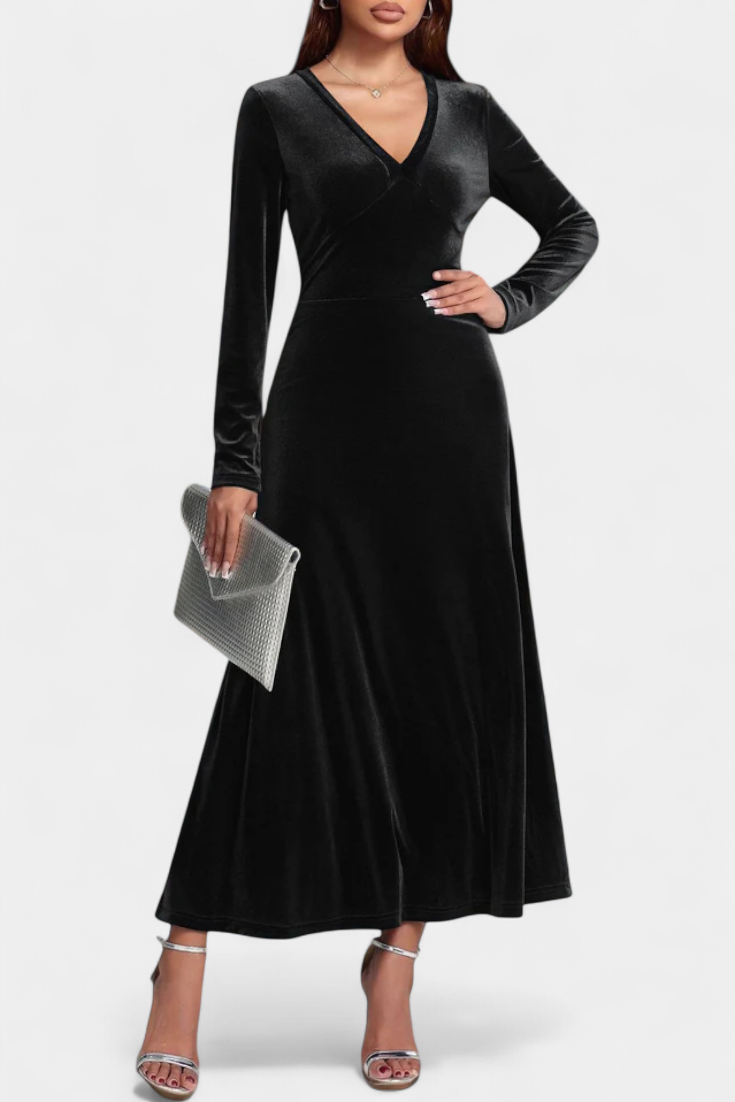 Alizée Robe Longue en Velours à Col en V et Coupe Évasée