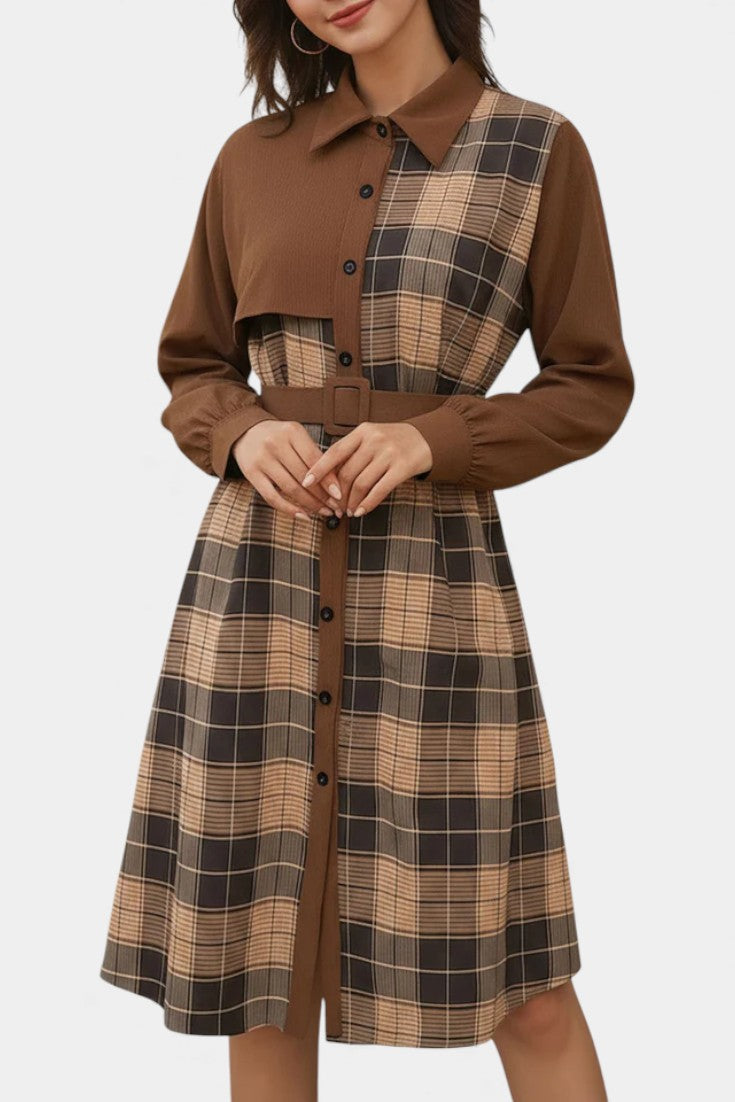 Naïla Robe Chemise Mi-Longue à Carreaux Patchwork Ceinturée