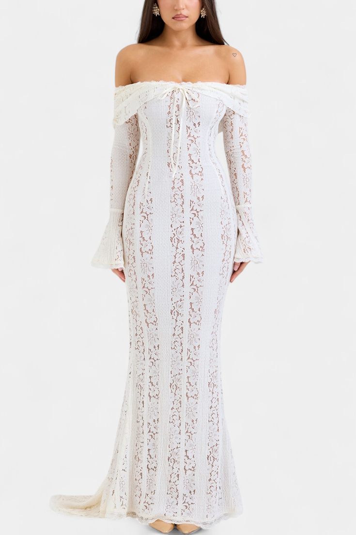 Rosalie Robe Taille Haute en Dentelle Off-Shoulder et Manches Évasées