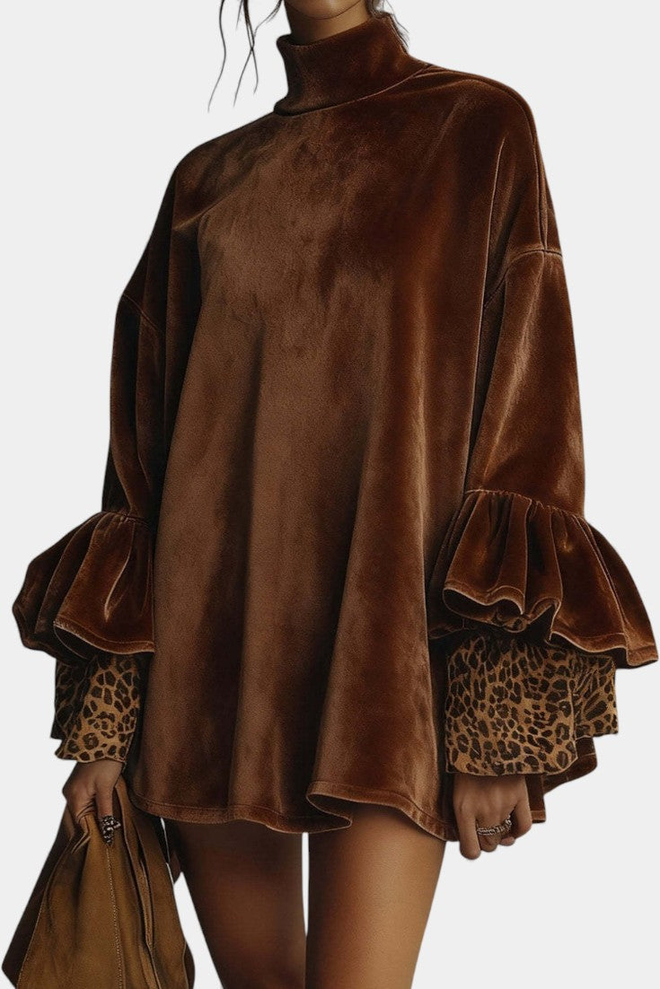 Brisélie Robe Mini en Velours avec Manches Volantes Léopard
