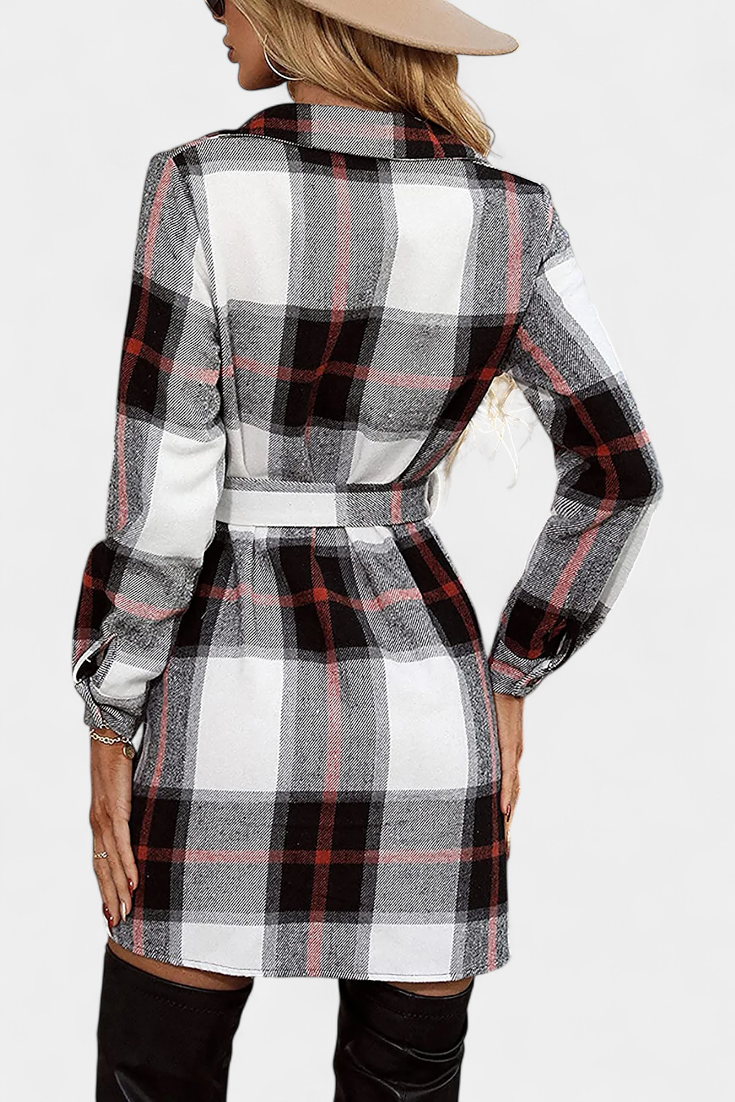 Masia Robe Chemise Mini à Carreaux avec Ceinture Ajustable