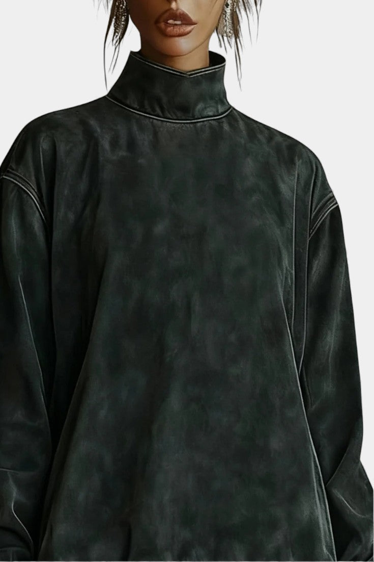 Vénitia Robe Mini en Daim à Col Roulé Asymétrique & Détails Léopard