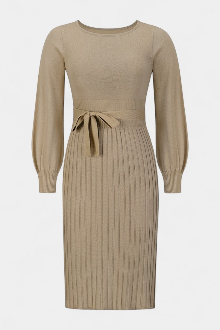 Chloéria Robe Pull Midi Plissée à Ceinture et Maille Côtelée