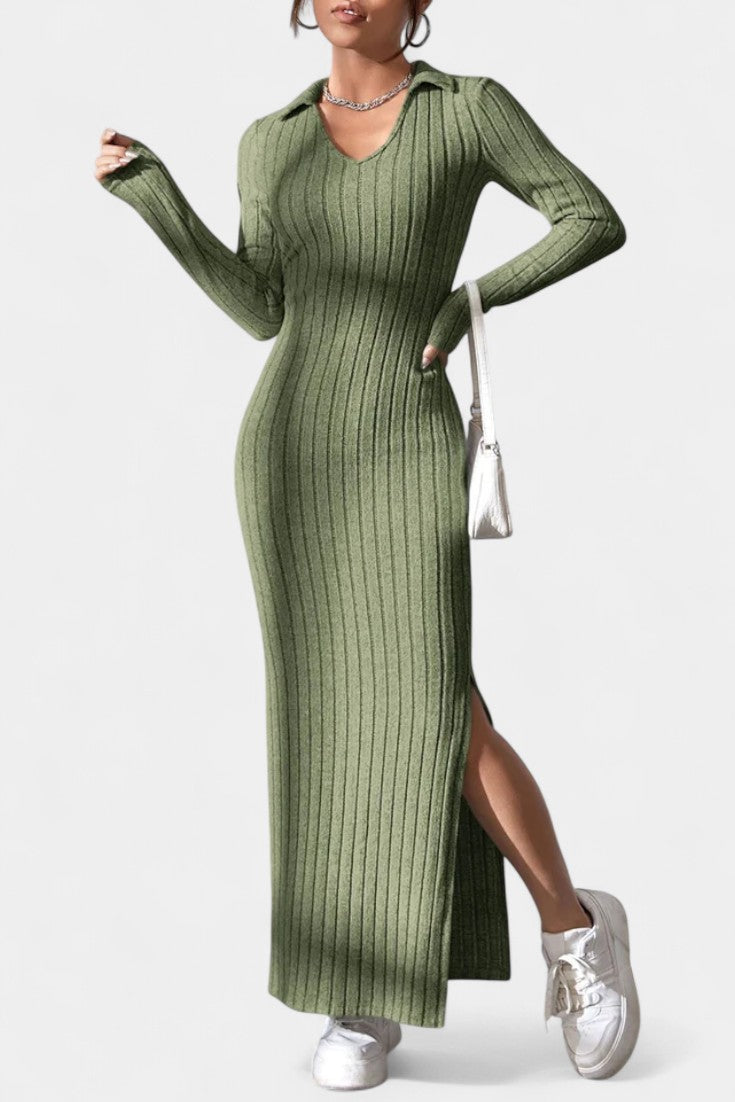 Élidia Robe Maxi Fendue à Col en V et Silhouette Ajustée