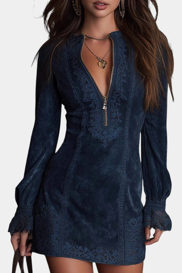 Vivencia Robe Mini Ajustée Bleue à Dentelle Raffinée