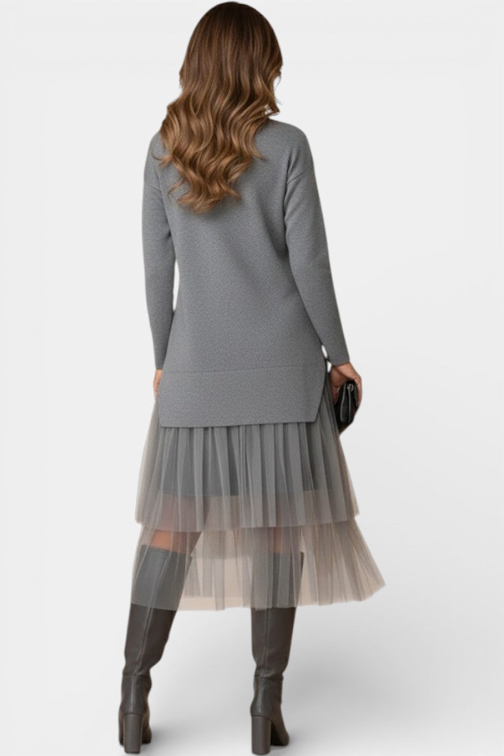 Fiorenza Robe Tricot et Tulle à Col Montant