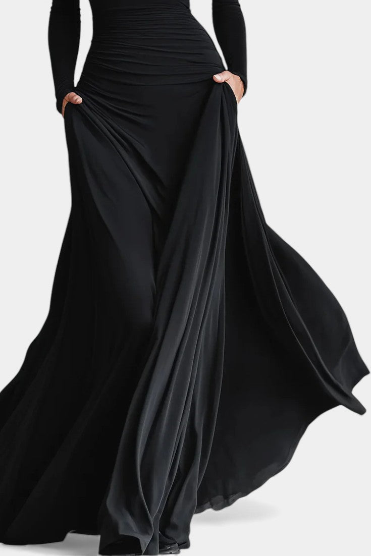 Stelline Robe Longue Plissée en Crêpe Moderne Noire