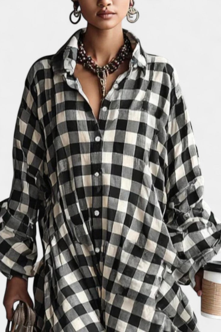 Jett Robe Chemise à Carreaux Noirs et Blancs et Coupe Fluide
