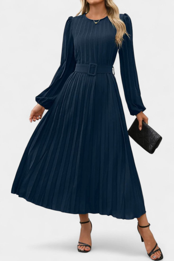 Christelle Robe Longue Plissée à Manches Bouffantes et Ceinture