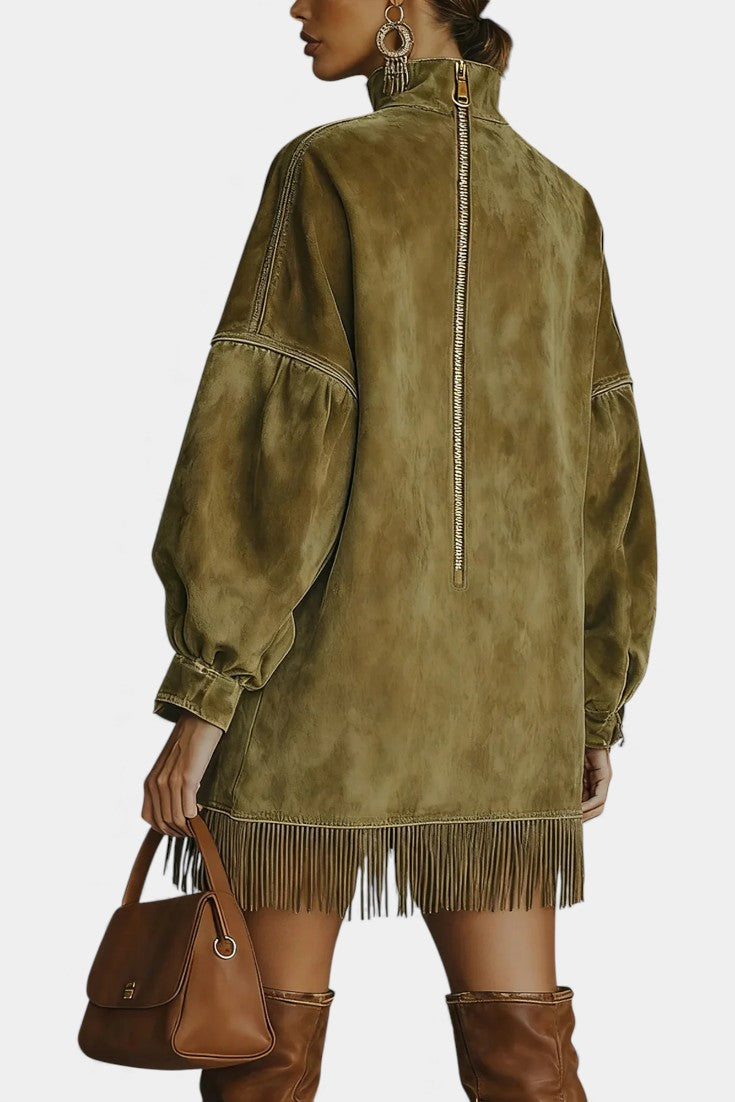 Élanaïs Robe Pull Oversize en Suédine avec Ourlet Frangé