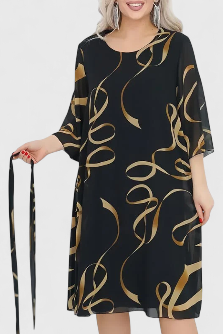 Ame Robe Midi à Imprimé Abstrait et Ceinture Ajustable