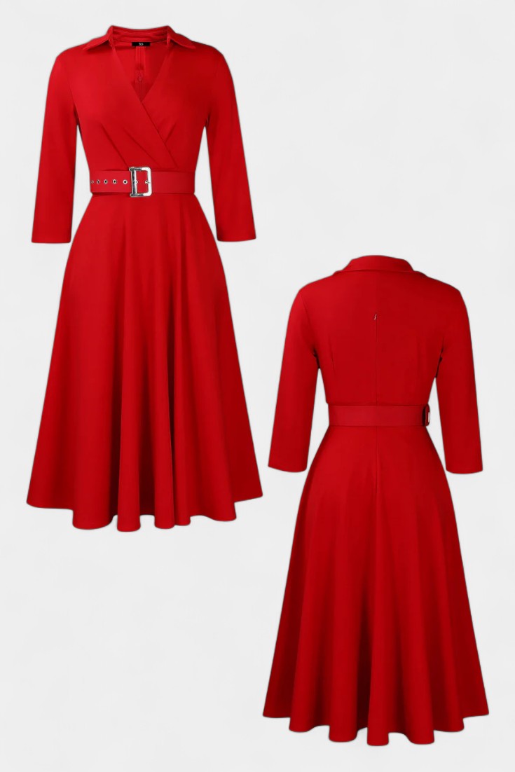 Constance Robe Midi Unie à Col Tailleur et Manches 3/4 Ceinturée