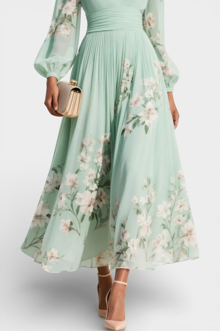 Shriley Robe Midi Plissée Florale en Chiffon Vert Clair à Col V