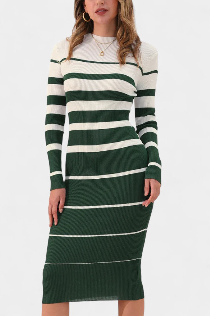 Azelyne Robe Pull Midi Tricotée à Rayures et Coupe Ajustée