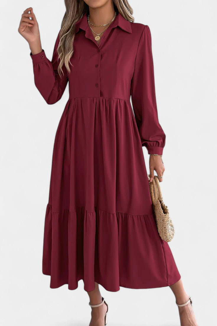 Jessica Robe Chemise Longue à Étages et Manches Longues Boutonnée