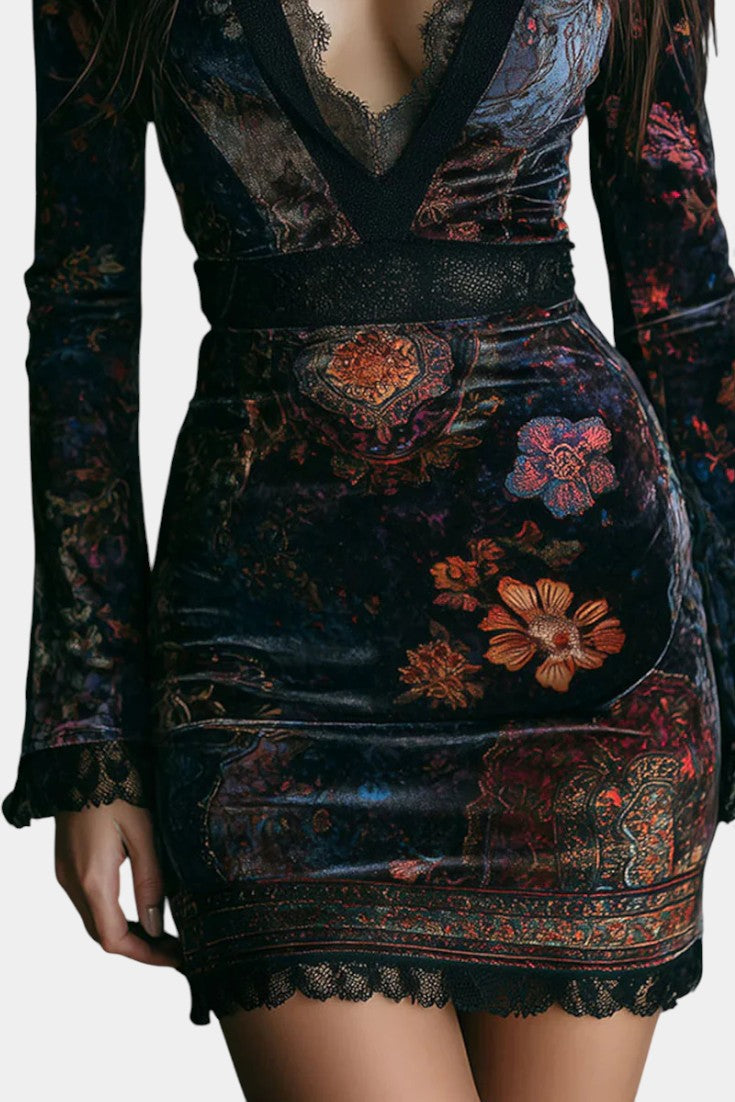 Maxine Robe Mini Slim Fit en Velours Floral avec Dentelle