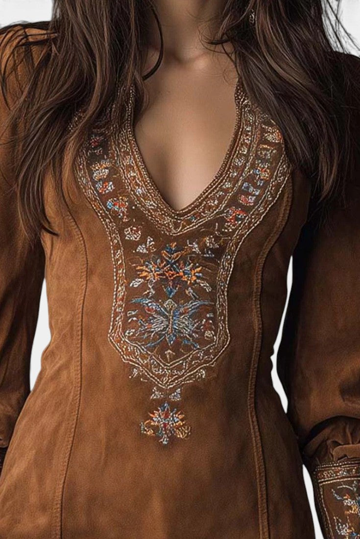 Anceline Robe Mini en Suédine Imprimée en 3D d’Esprit Vintage