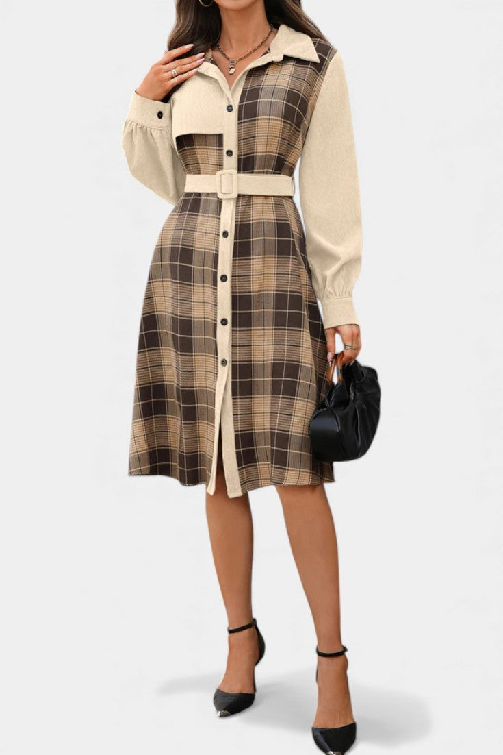 Naïla Robe Chemise Mi-Longue à Carreaux Patchwork Ceinturée