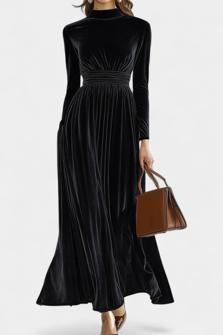 Doryane Robe Maxi en Velours à Col Montant et Manches Longues