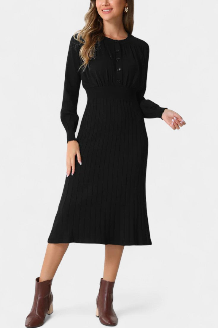 Arsina Robe Pull Midi Côtelée à Manches Lanterna et Col Rond
