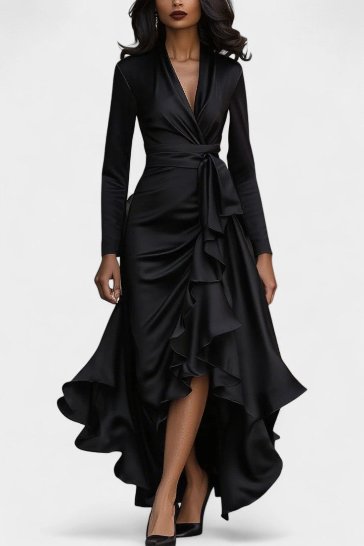 Isabeau Robe en Satin à Ourlet Volanté et Ceinture Ajustable