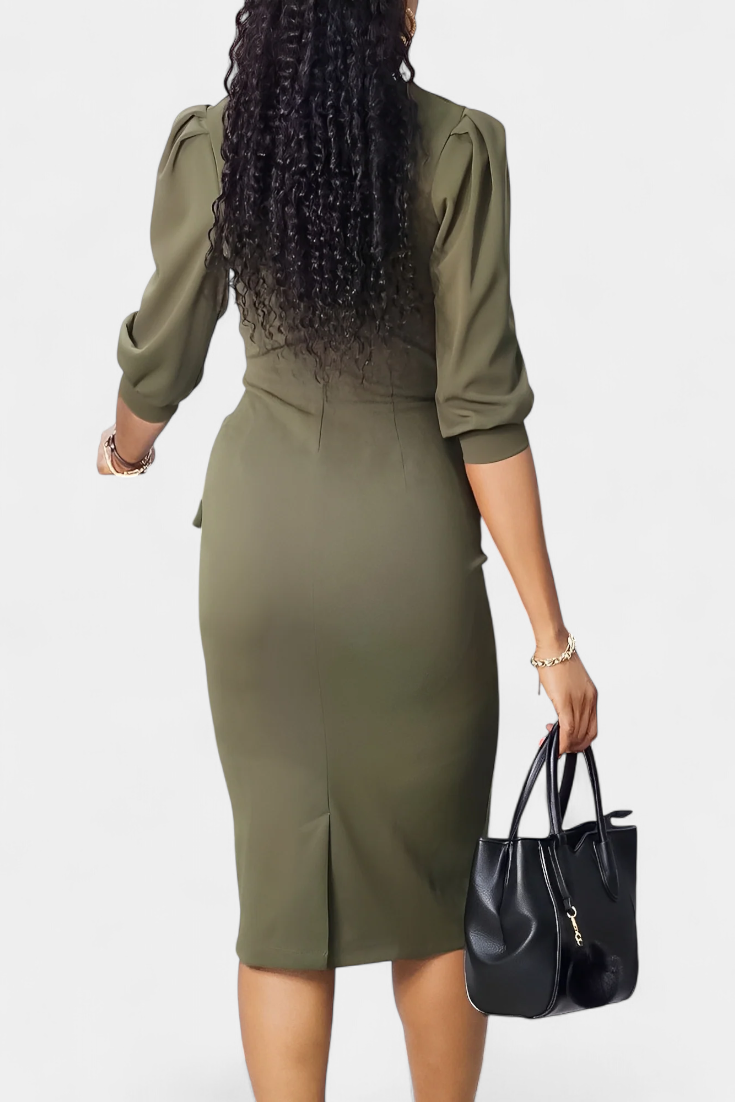 Reanna Robe Midi Ajustée à Manches Bouffantes