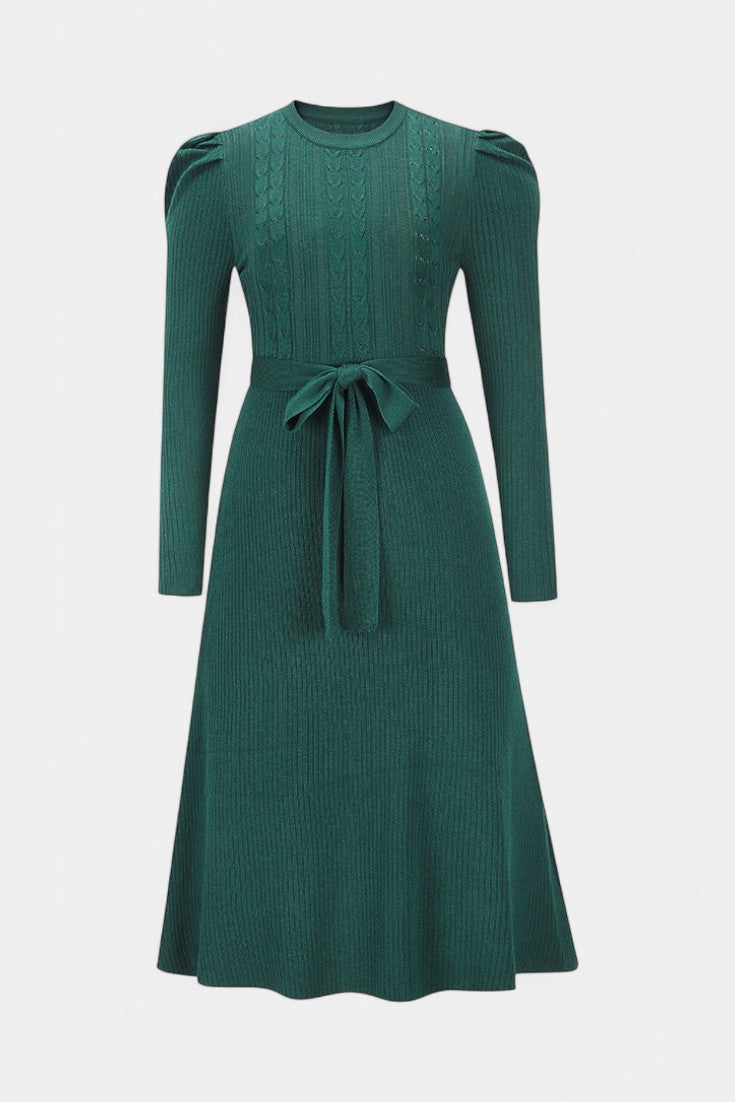 Évoria Robe Pull Midi Tricotée à Manches Bouffantes et Détail Lacé