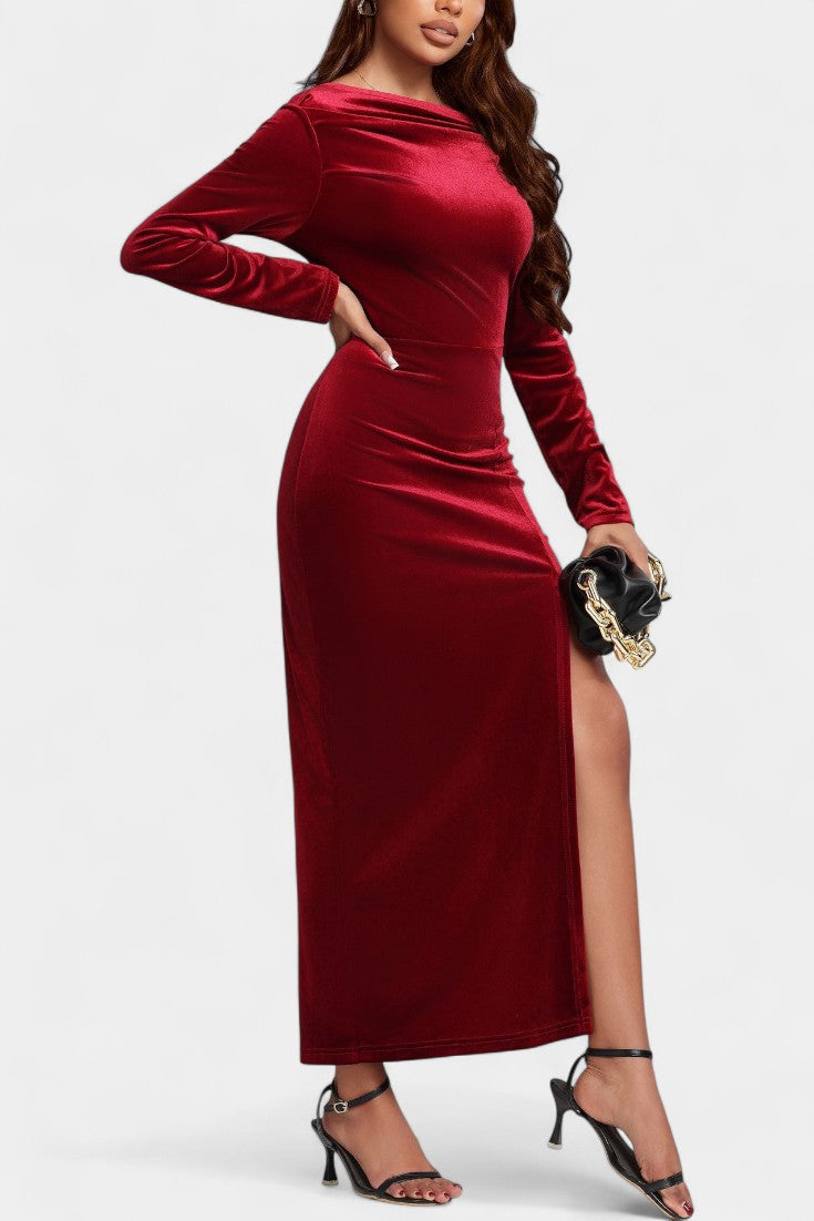 Aimée Robe Maxi Près du Corps en Velours à Fente Haute