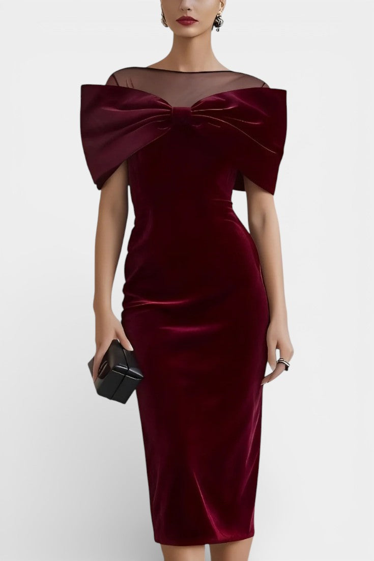 Nia Robe Midi en Velours avec Nœud Sculptural